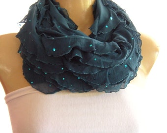 Dark Teal ruffle Infinity scarf Loop scarf Slightly sequined Necklace Scarf Le dernier cri...