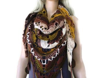 Fall colors-Amber scarf- Bohemian crochet scarf-Amber,olive chocolate and beige   with fringes