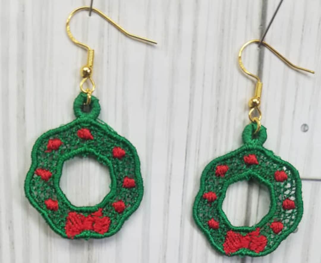 Machine Embroidered Christmas Earrings Wreath Gingerbread Etsy