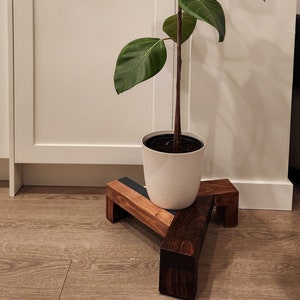 Peut inclure: Une plante en pot avec de grandes feuilles vertes est posée sur un support de plante en bois avec un accent noir. Le support a une forme triangulaire.