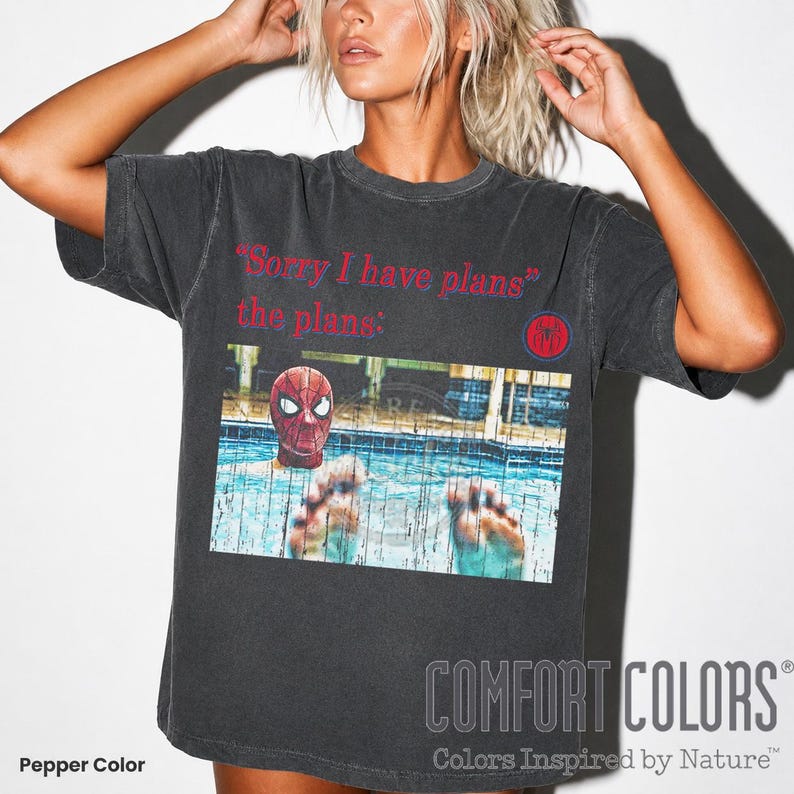 May include: A charcoal gray short-sleeve t-shirt featuring the red text "Sorry I have plans" and "the plans:" above a graphic of a person wearing a Spider-Man mask in a swimming pool, with a small red circular logo on the right side of the chest.