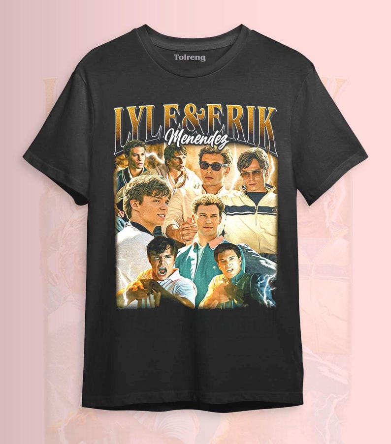 May include: Black t-shirt with a collage of images and the text "LYLE & ERIK Menendez" in gold. The design has a vintage feel, with a faded appearance to the images.