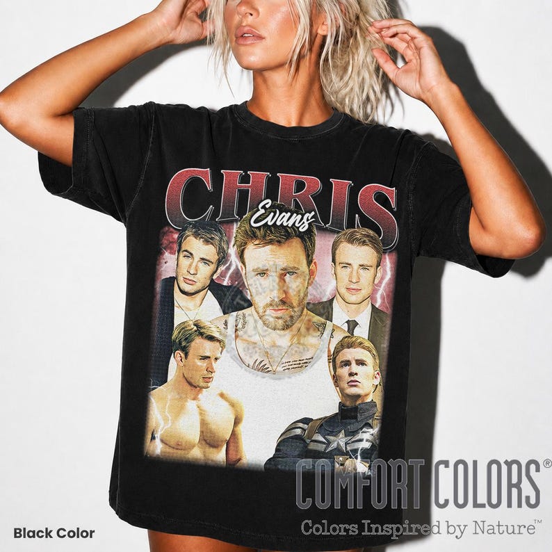 May include: Black t-shirt featuring a collage of Chris Evans images with the name "CHRIS Evans" in red lettering. The shirt includes the "COMFORT COLORS" logo and the words "Colors Inspired by Nature".
