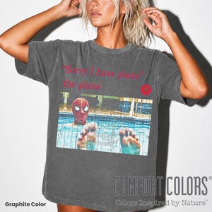 May include: A graphite-colored t-shirt featuring the red text "Sorry I have plans" and "the plans:" above a graphic of a person in a Spider-Man mask inside a swimming pool with their feet visible in the foreground and a red circular logo.