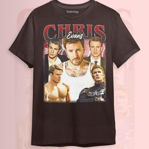 May include: Dark brown t-shirt featuring a collage of Chris Evans images with the name "CHRIS Evans" in a vintage-style red font. The design includes various photos of the actor in different poses and outfits.