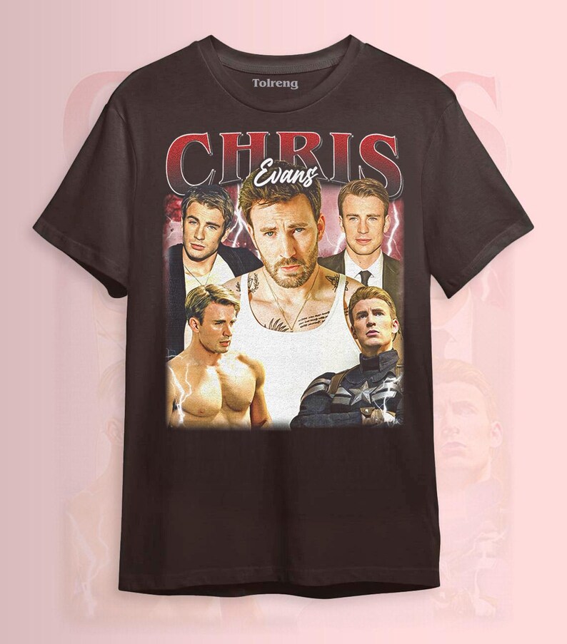 May include: Dark brown t-shirt featuring a collage of Chris Evans images with the name "CHRIS Evans" in a vintage-style red font. The design includes various photos of the actor in different poses and outfits.