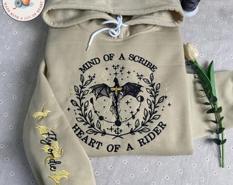 Fourth Wing Hoodie, Mind of a Scribe Heart of a Rider Embroidered Pullover,Dragon Fantasy Bookish Gift,Fly or Die,Violet Sorrengail Inspired