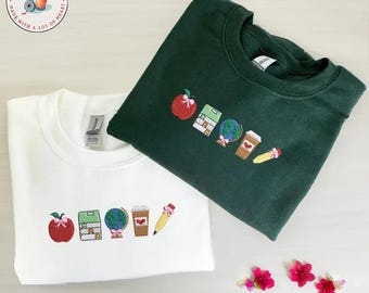 Bluza z haftem School Icons Teacher Life, okrągły kołnierz dla nauczyciela, pomysły na prezent na Dzień Nauczyciela, haftowana koszula do klasy, prezent dla nauczyciela
