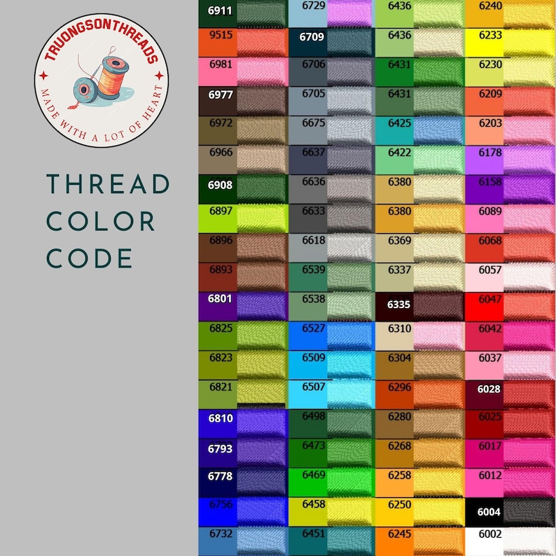 May include: A color chart for embroidery thread, featuring a wide array of hues. The chart displays a grid of color swatches with corresponding numerical codes. The top left corner has a logo with the text "Truongson Threads". The text "Thread Color Code" is also visible.