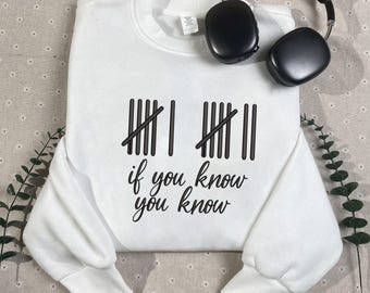 May include: White crewneck sweatshirt with the text "if you know you know" in black. The design includes a series of vertical lines with diagonal slashes. Black headphones rest on the top right of the sweatshirt.