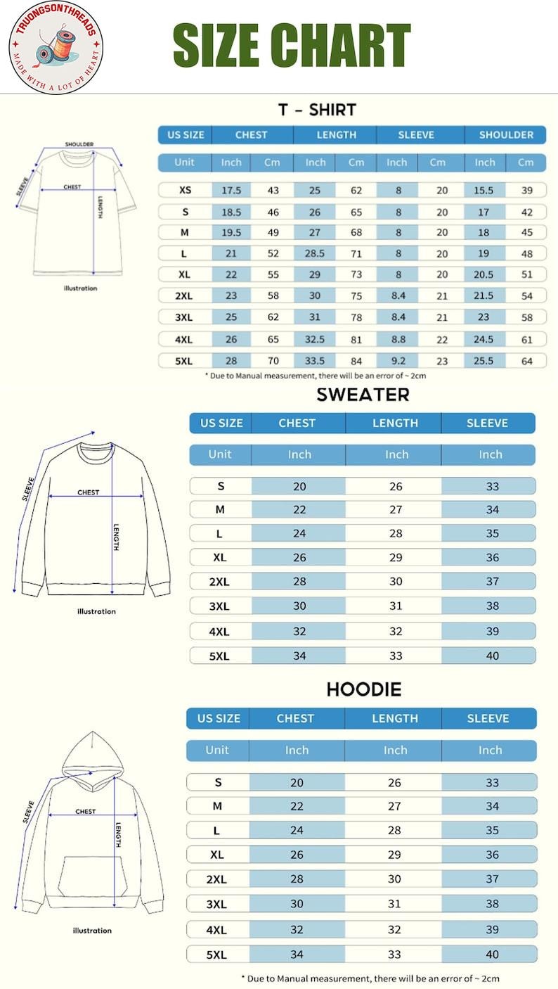 K&ouml;nnte beinhalten: Gr&ouml;&szlig;entabelle f&uuml;r T-Shirts, Pullover und Hoodies. Ma&szlig;e in Zoll und Zentimetern. Enth&auml;lt Brust-, L&auml;ngen-, &Auml;rmel- und Schulterma&szlig;e f&uuml;r Gr&ouml;&szlig;en XS bis 5XL. Die Tabelle enth&auml;lt auch Illustrationen der Kleidungsst&uuml;cke.