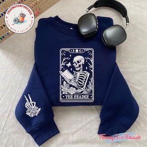 The Reader Tarot Card Embroidered Shirt, Skeleton Reading Shirt, Unisex Tarot Card Shirt, Book Lover Gift, Bookish Gift, Tarot Shirt