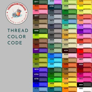 May include: A color chart for embroidery thread, featuring a wide array of hues. The chart includes a logo with the text "Truongson Threads" and the words "Thread Color Code". Each color is labeled with a unique code number.