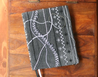 Embroidered Refillable Beaded Journal Cover, Gridded Notebook, Upcycled, BUJO