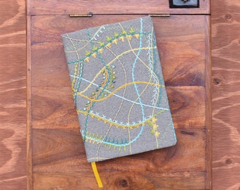 Embroidered & Beaded Teal and Yellow Journal, Refillable Cover, Lined Notebook, Upcycled, BUJO