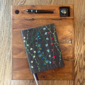 Floral Hand-Embroidered Refillable Beaded Journal Cover, Vining flowers, Gridded Notebook, Upcycled, BUJO