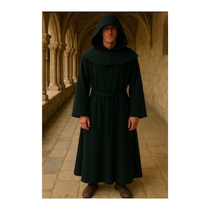 Black Hooded Monk Robe,Medieval Cloak with Fabric Belt, Gothic Priest Tunic, LARP Costume, Halloween Outfit, , Druid Mage Robe