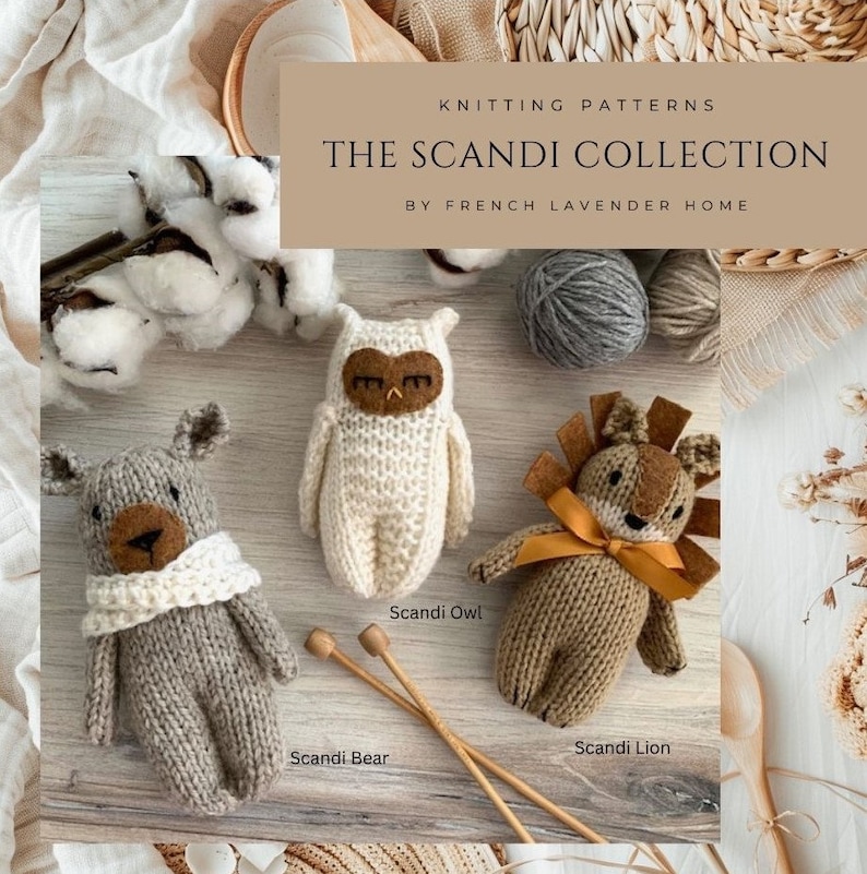 Peut inclure: Mod&egrave;les de tricot pour un ours brun, un hibou blanc et un lion brun. Les mod&egrave;les s'appellent "Scandi Bear", "Scandi Owl" et "Scandi Lion".
