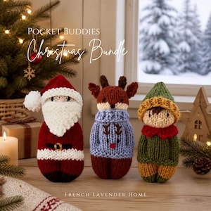 May include: Three hand-knitted dolls labelled Pocket Buddies Christmas Bundle. One doll is dressed as Santa Claus in red and white, one is a brown reindeer in a blue jumper, and one is an elf in a green and yellow outfit with a red collar.