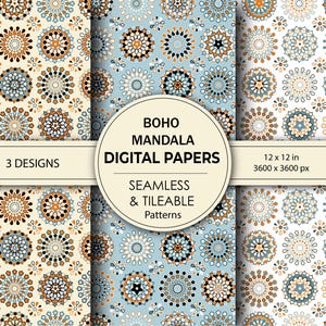 Boho Mandala Digital Papers, Moroccan Geometric Patterns, Seamless Floral Scrapbook Backgrounds, Printable Craft Papers