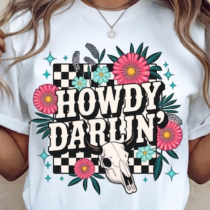 Howdy Darlin&#39; PNG: Western Cow Skull, Checkered Design (Digital Download)
