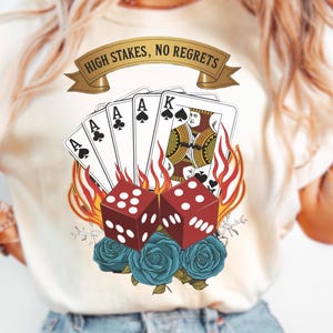 Hoge inzet, geen spijt, png PNGEgg | Gokontwerp in retro tattoo-stijl | Sublimatie speelkaart dobbelstenen png | Digitale rockabilly-download