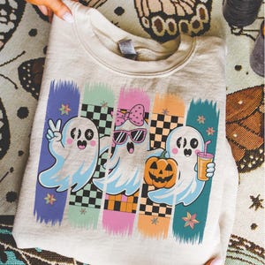 Retro Ghost Squad PNG, Pastel Halloween Ghosts with Checkered Background, Cute Girly Halloween Sublimation, Digital Download