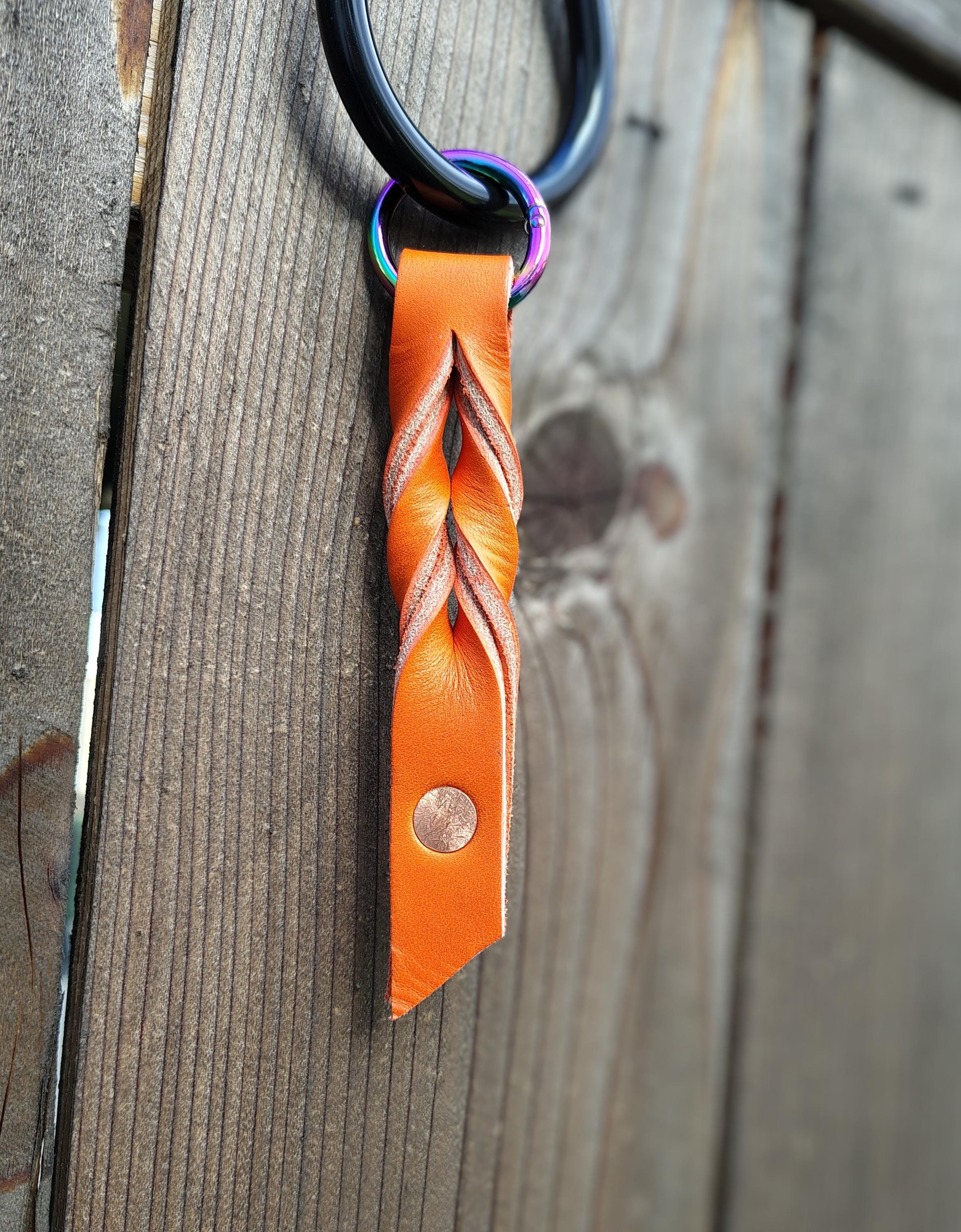 The "Jaden" Orange Leather Keychain with rainbow or black removable spring ring