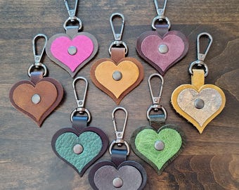 Small Leather Heart Bag Charm: Gunmetal Clasp, Grey, Magenta, Green