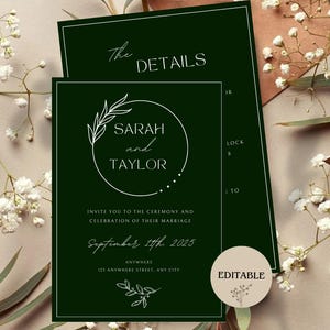 Faire-part de mariage modifiable personnalisé et carte de détails - Motif floral vert foncé, PDF instantané avec Canva