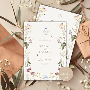 Faire-part de mariage floral modifiable personnalisé - Motif fleurs sauvages rustiques, PDF instantané avec lien Canva