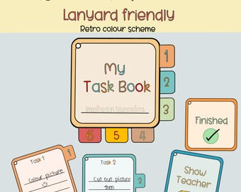 May include: A colorful printable task book with a retro color scheme. The book has a title that says "My Task Book" and has tabs numbered 1 through 6. There are also separate cards that say "Finished" and "Show Teacher".