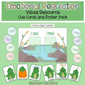 Puede incluir: Un póster de cocodrilo verde con las palabras "Regulación emocional" y "Edición cocodrilo". El póster está dividido en dos secciones, una etiquetada como "Siento" y la otra como "Necesito". Hay cuatro círculos con las palabras "Siento" y cuatro círculos con las palabras "Necesito". También hay seis tarjetas con diferentes emociones y mecanismos de afrontamiento para niños. Las tarjetas presentan un cocodrilo verde con diferentes expresiones y acciones. Las tarjetas incluyen "Dar un abrazo", "Acurrucarse en una manta", "Usar orejeras", "Emocionado", "Abrumado" y "Confundido".