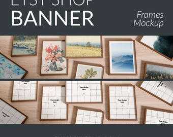 Maqueta de marcos para banners de Etsy, banner para tienda de Etsy para arte e impresiones, maqueta de marcos de madera, plantilla de banner para tienda, maqueta de marcos DIN A para Photoshop