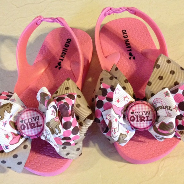 Little Girl's Size 7 Flip Flops with Pink & Brown Cowgirl Bows