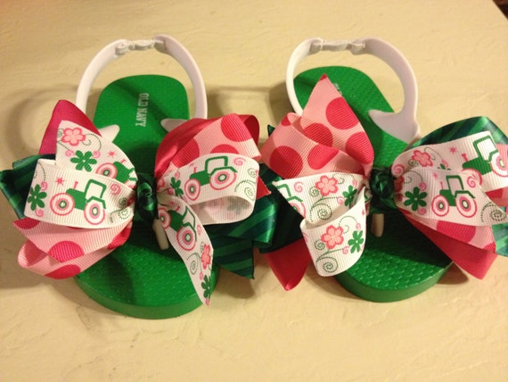 Items similar to Little Girl's Size 9 Flip Flops with Green Tractor ...