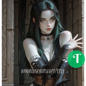 May include: Digital art of a woman with long black and green hair, green eyes, and pale skin. She wears a black choker, a black dress, and black arm sleeves with feather details. The image includes the text "KINDREDSPIRITSLOFT/ETSY".
