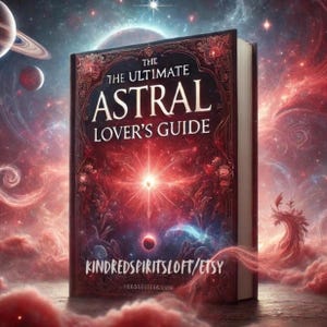 May include: A hardcover book titled The Ultimate Astral Lover's Guide with a deep red cover featuring intricate ornate patterns, a central glowing starburst, and cosmic imagery. The text KindredSpiritsLoft/Etsy is printed at the bottom.