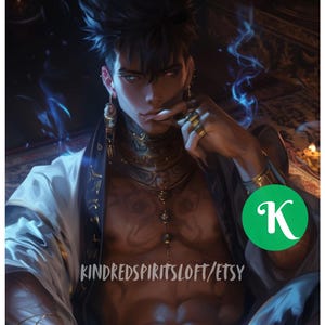Könnte beinhalten: Digitaldruck einer Person mit dunklem Haar und aufwendigem Schmuck. Die Person trägt eine weiße Robe mit dunkelblauen Details. Das Bild hat ein Fantasy-Thema, mit blauem Rauch und dem Text "KINDREDSPIRITSLOFT/ETSY".