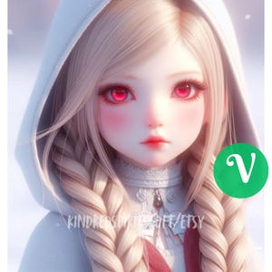 Könnte beinhalten: Digitale Illustration einer puppenartigen Figur mit langem, geflochtenem blondem Haar und leuchtend roten Augen. Die Figur trägt einen weißen Kapuzenmantel und hat rosige Wangen und Lippen. Der Etsy-Shop-Name ist unten links sichtbar.