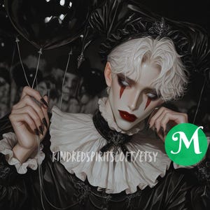May include: Digital artwork of a person with white hair, pale skin, and dark makeup, dressed in a black and white jester costume. They hold black balloons. The image has a gothic, theatrical theme. The text "KINDREDSPIRITS LOFT/ETSY" is visible.