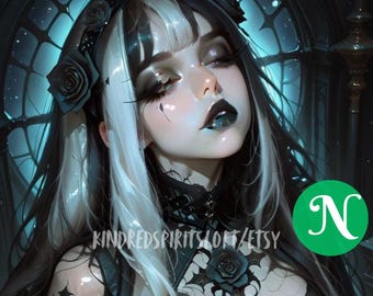 Puede incluir: Arte digital de una mujer con cabello negro y blanco, vestida con un atuendo gótico negro. Tiene maquillaje oscuro y una rosa negra en el pecho. El texto "KINDREDSPIRITSLOFT/ETSY" es visible.