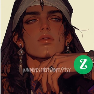 May include: Digital art portrait of a person with dark hair, wearing a white head covering and ornate earrings. The person is leaning on their hand, adorned with a ring. The image has a warm color palette and the text "KINDREDSPIRITSEDFT/ETSY" is visible.