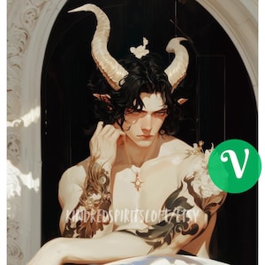 May include: Digital artwork featuring a shirtless figure with black curly hair, large curved horns, and pointed ears. The figure has detailed arm tattoos and a pendant necklace. The text "KINDREDSPIRITSLOFT" is visible.