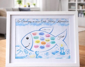 Gästebild Kommunion Fisch personalisiert | Fingerabdruckbild auf Papier | Bild für Fingerabdrücke  Digitaler Download PDF Datei