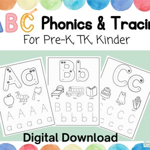 ABC Phonics Tracing Worksheets Alphabet Coloring Pages Letter Tracing Printable for Preschool, TK, Kindergarten Phonics Worksheet PreK