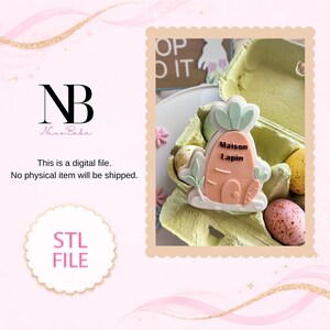 Könnte beinhalten: Eine digitale Datei mit einem karottenförmigen Keks mit dem Text "Maison Lapin". Der Keks ist mit hellorangem, weißem und grünem Zuckerguss verziert. Das Bild enthält einen Eierkarton mit Eiern und den Text "STL FILE."