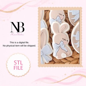 May include: A collection of decorated bunny-shaped cookies with light pink and white icing, adorned with blue bows. The image includes the text "STL FILE" and "This is a digital file. No physical item will be shipped."