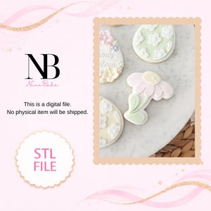 May include: A collection of decorated sugar cookies in the shape of Easter eggs and a flower. The cookies are decorated with pastel colors and floral designs. The image also includes the text "STL FILE" and "This is a digital file. No physical item will be shipped."