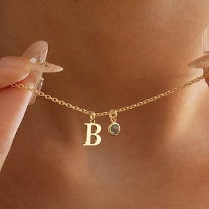 Gold Initial Birthstone Necklace,Dainty Birthstone Letter Necklace,Custom Birth Stone Jewelry,Initial Necklace for Mom,Birthday Gifts